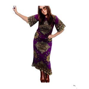 1970s Boho Dress, Purple Bell Sleeves Psychedelic Maxi Dress